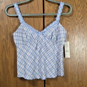 Blue white and brown woven lace and plaid cami. Size Small.NWT